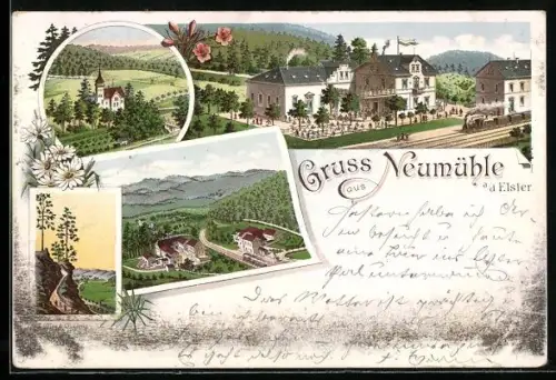 Lithographie Neumühle a. d. Elster, Gasthaus an der Bahnstrecke, Villa