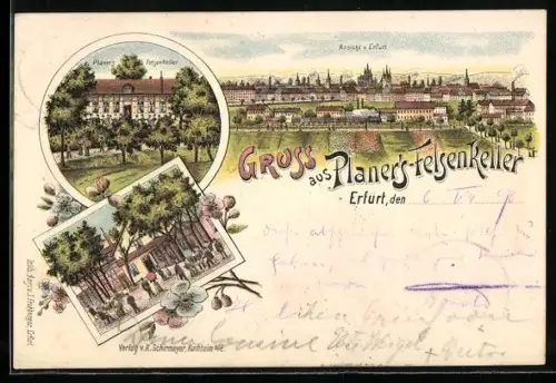 Lithographie Erfurt, Restaurant Planer`s Felsenkeller, Panorama