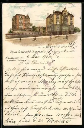 Lithographie Stuttgart, Villa Königshoferm Haupthaus, Kinderpavillon, Elisabethstrasse 15