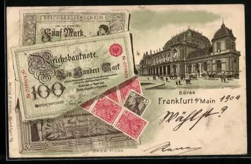 Geld-AK Frankfurt am Main, Börse, Geldscheine und Briefmarken