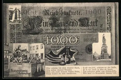 Geld-AK Braunschweig, Eulenspiegel, Siegesdenkmal, Geldschein 1000 Mark