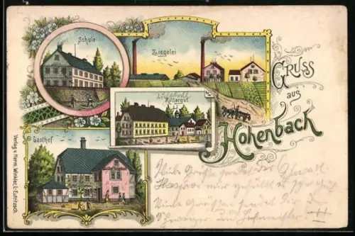 Lithographie Hohnbach, Schule, Ziegelei, Gasthof und Rittergut