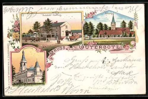 Lithographie Gütergotz, Hucksholds Gasthaus, Kirchplatz, Sanatorium