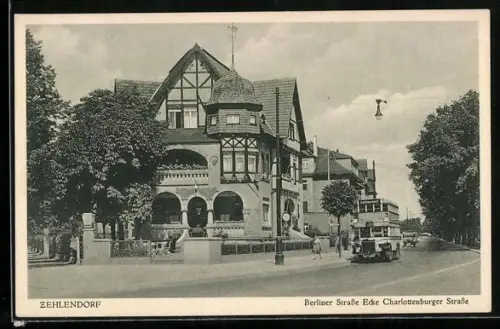 AK Berlin-Zehlendorf, Berliner Strasse Ecke Charlottenburger Strasse, Doppeldecker-Bus