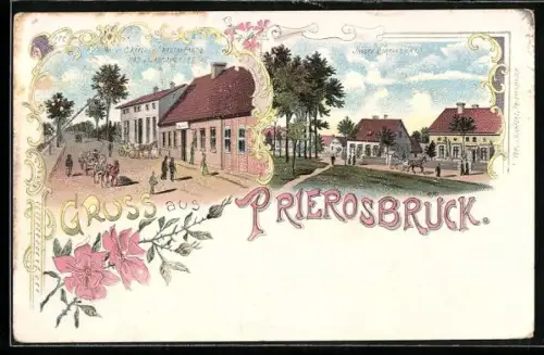 Lithographie Prierosbrück, O. Käferts Restaurant, Innere Dorfansicht