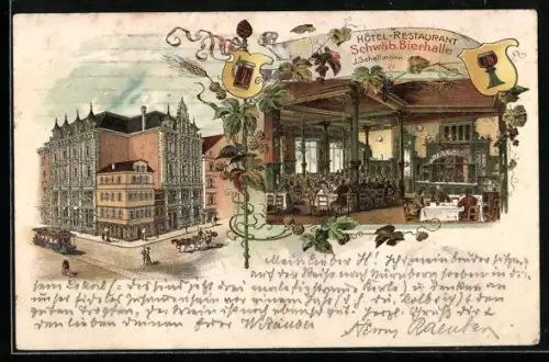 Lithographie Stuttgart, Hotel-Restaurant Schwäb. Bierhalle v. J. Schellmann, mit Speisesaal