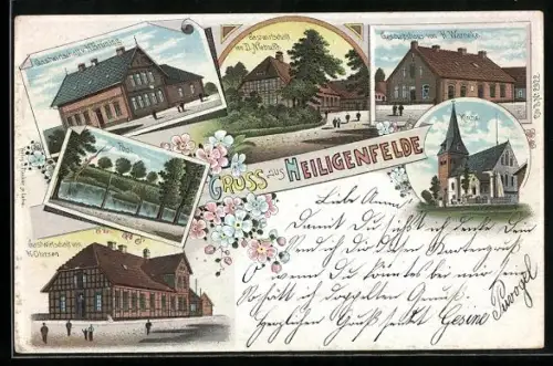 Lithographie Heiligenfelde, Gasthaus v. H. Brünnig, Gasthaus v. D. Niebuhr, Gasthaus v. H. Warnecke, Kirche