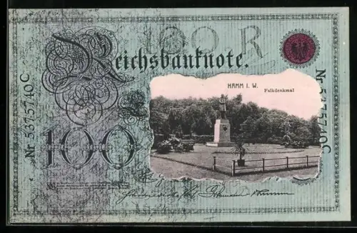 AK Hamm i. W., Faldenkmal im Geldscheinpassepartout