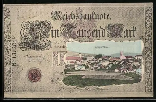 AK Furth i. Walde, Ortsansicht im Geldscheinpassepartout
