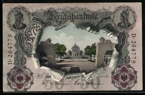 AK Nürnberg, Jubiläums-Landesausstellung 1906, Reichsbanknote und Blick auf das Ausstellungsgelände