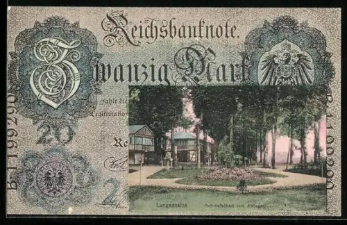 AK Langensalza, Schwefelbad mit Anlagen, Zwanzig Mark-Geldnote als Passepartout