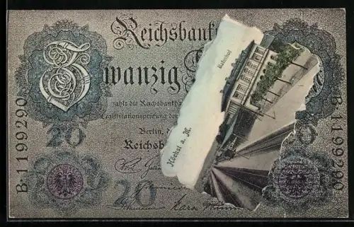 AK Höchst a. M., Bahnhof im Geldschein-Passepartout, Reichsbanknote 20 Mark