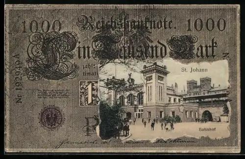 AK St. Johann, Bahnhof im Geldschein-Passepartout