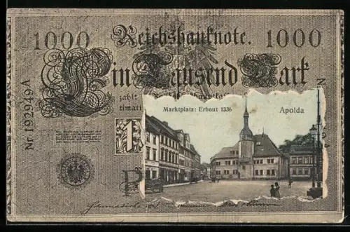 AK Apolda, Marktplatz im Geldscheinpassepartout