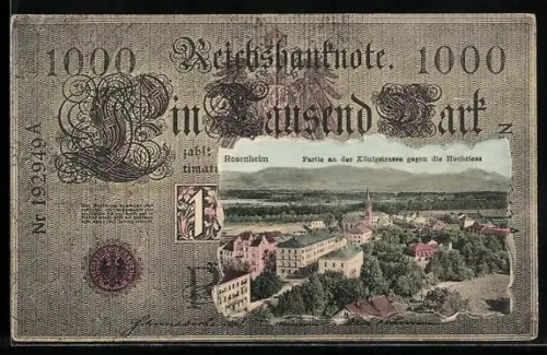 AK Rosenheim, Partie an der Königstrasse gegen die Hochriess im Geldscheinpassepartout