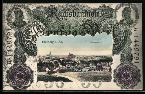 AK Freiberg i. Sa., Ortsansicht im Geldscheinpassepartout