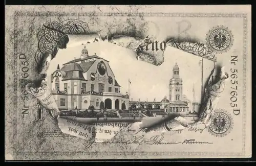 AK Nürnberg, Bayerische Jubiläums-Landesausstellung 1906, Hauptrestaurant im Geldscheinpassepartout