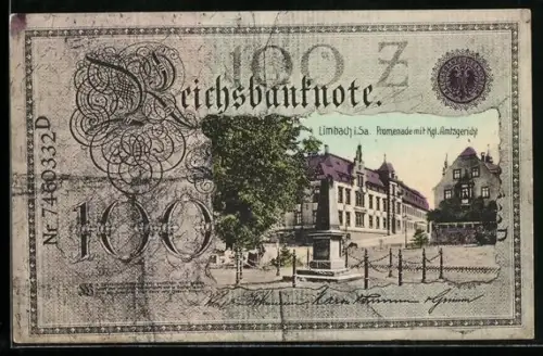 AK Limbach i. Sa., Promenade mit Kgl. Amtsgericht im Geldscheinpassepartout