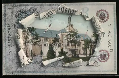 AK Nürnberg, Bayerische Jubiläums-Landesausstellung 1906, Gebäude hinter aufgerissenem Geldschein