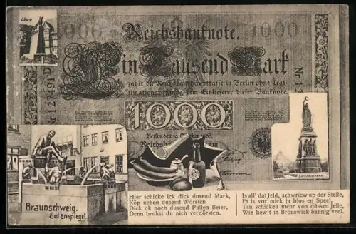 AK Braunschweig, Eulenspiegel-Brunnen und Siegesdenkmal auf einem Geldschein