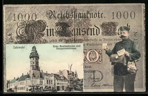 AK Salzwedel, Strasseneck Breitestrasse und Neuperverstrsase mit Geschäft im Geldschein, Passepartout