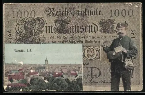 AK Werdau i. Sa., Ortsansicht im Geldscheinpassepartout