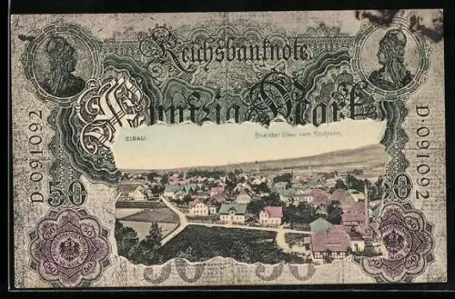 AK Eibau, Blick über den Ort vom Kirchturm im Geldscheinpassepartout