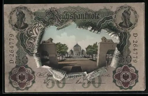 AK Nürnberg, Jubiläums-Landesausstellung 1906, Reichsbanknote und Blick auf das Ausstellungsgelände