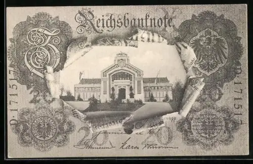 AK Nürnberg, Bayer. Jubiläums-Landesausstellung 1906, Forstgebäude, Geldschein