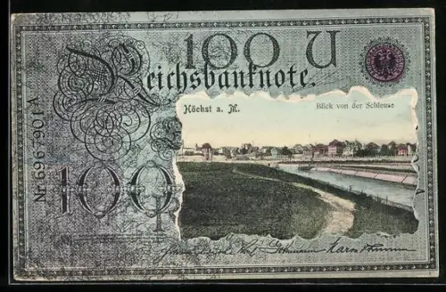 Geldschein-AK Höchst a. M., Blick von der Schleuse, Geldschein-Passepartout, Reichsbanknote
