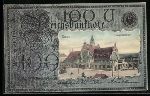 AK Essen, Hauptbahnhof im Geldschein-Passepartout