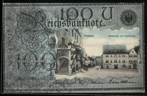 AK Pössneck, Marktplatz mit Krautgasse im Geldscheinpassepartout