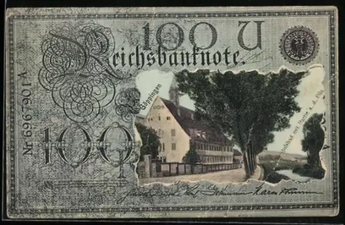 AK Göppingen, Christofsbad mit Partie a. d. Fils im Geldschein, Passepartout