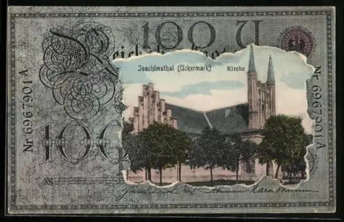 AK Joachimsthal /Uckermark, Kirche im Geldscheinpassepartout