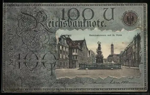 AK Augsburg, Herkulesbrunnen und St. Ulrich im Geldscheinpassepartout