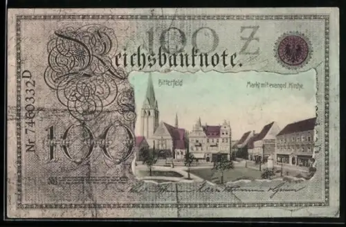 AK Bitterfeld, Markt mit ev. Kirche im Geldscheinpassepartout
