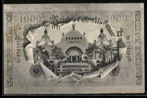 AK Nürnberg, Bayerische Jubiläums-Landesausstellung 1906, Staatsgebäude im Geldscheinpassepartout