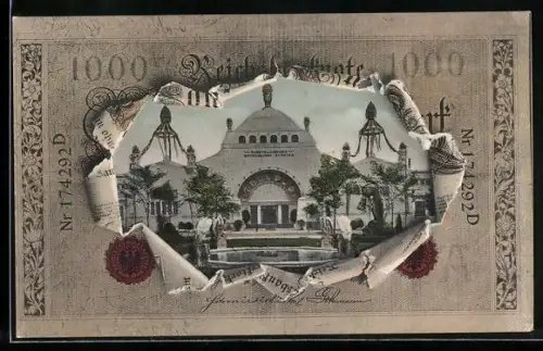 AK Nürnberg, Bayerische Jubiläums-Landesausstellung 1906, Staatsgebäude im Geldscheinpassepartout
