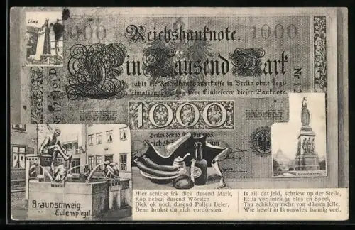 AK Braunschweig, Siegesdenkmal und Eulenspiegelbrunnen, Ansichten auf Geldschein