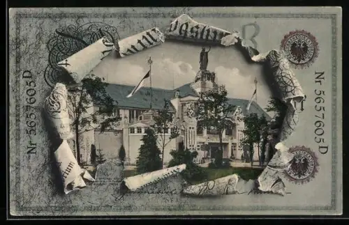 AK Nürnberg, Bayerische Jubiläums-Landesausstellung 1906, Gebäude der Stadt im Geldscheinpassepartout