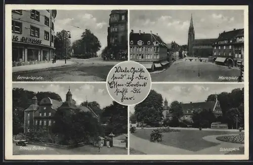 AK Essen, Germaniaplatz, Marktplatz, Schloss Borbeck, Schlosspark