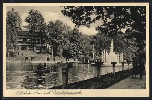 AK Solingen, Ittertaler Tier- und Vergnügungspark, Springbrunnen, Bootsteich