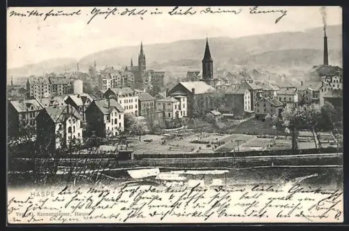 AK Haspe, Stadtansicht mit Kirche, Fabrikschornstein, Wohnhäuser