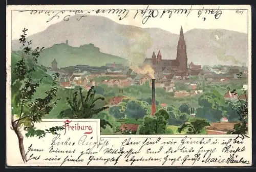 Lithographie Freiburg, Ortsansicht mit Münster