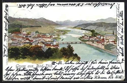AK Bad Tölz, Ortsansicht mit Brücke und Kirche