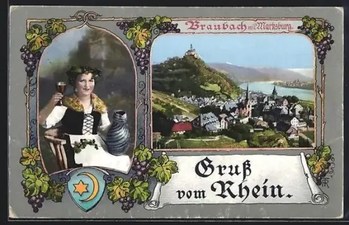 AK Braubach /Rhein, Marksburg, Dame in Tracht mit Weinglas