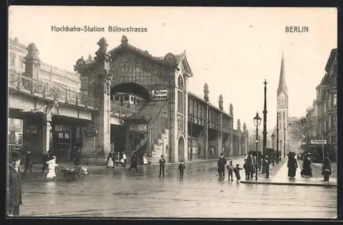 AK Berlin-Schöneberg, Hochbahn-Station Bülowstrasse, Strassenszene, Kirche