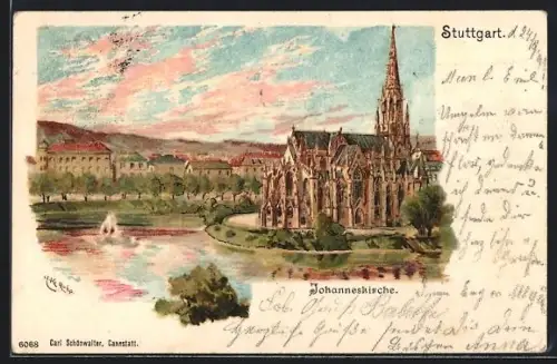 Lithographie Stuttgart, Johanneskirche, Parkanlage mit See