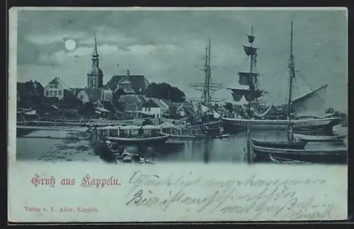 Mondschein-AK Kappeln, Hafen, Kirche, Segelschiffe