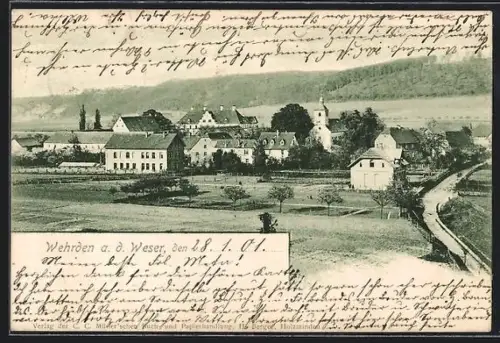 AK Wehrden a. d. Weser, Ortsansicht mit Kirche